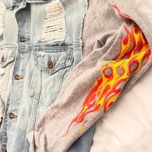 Carmar Light Wash Denim Jacket with Gray Flame Sleeves-oversized